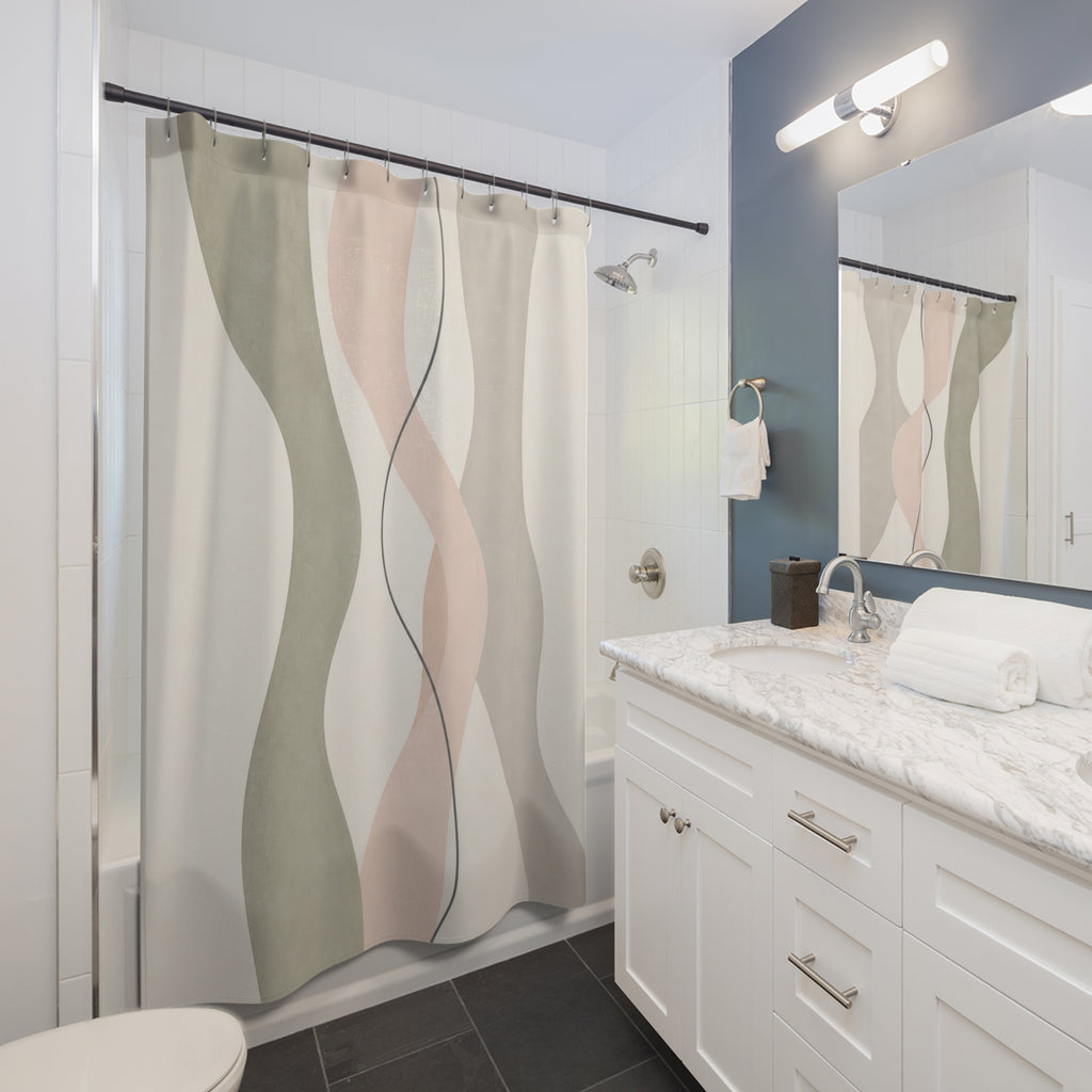 Sage Blush Wavy Ribbon Shower Curtain