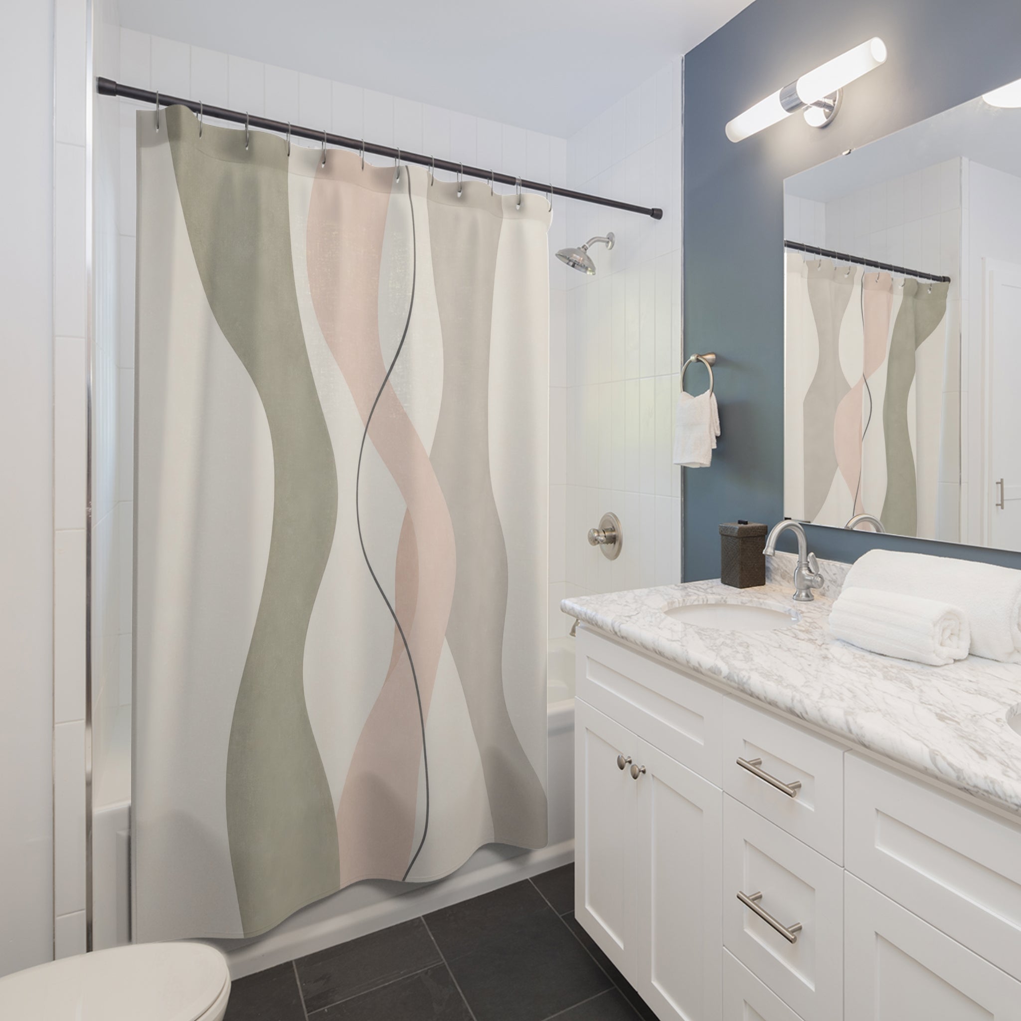 Sage Blush Wavy Ribbon Shower Curtain