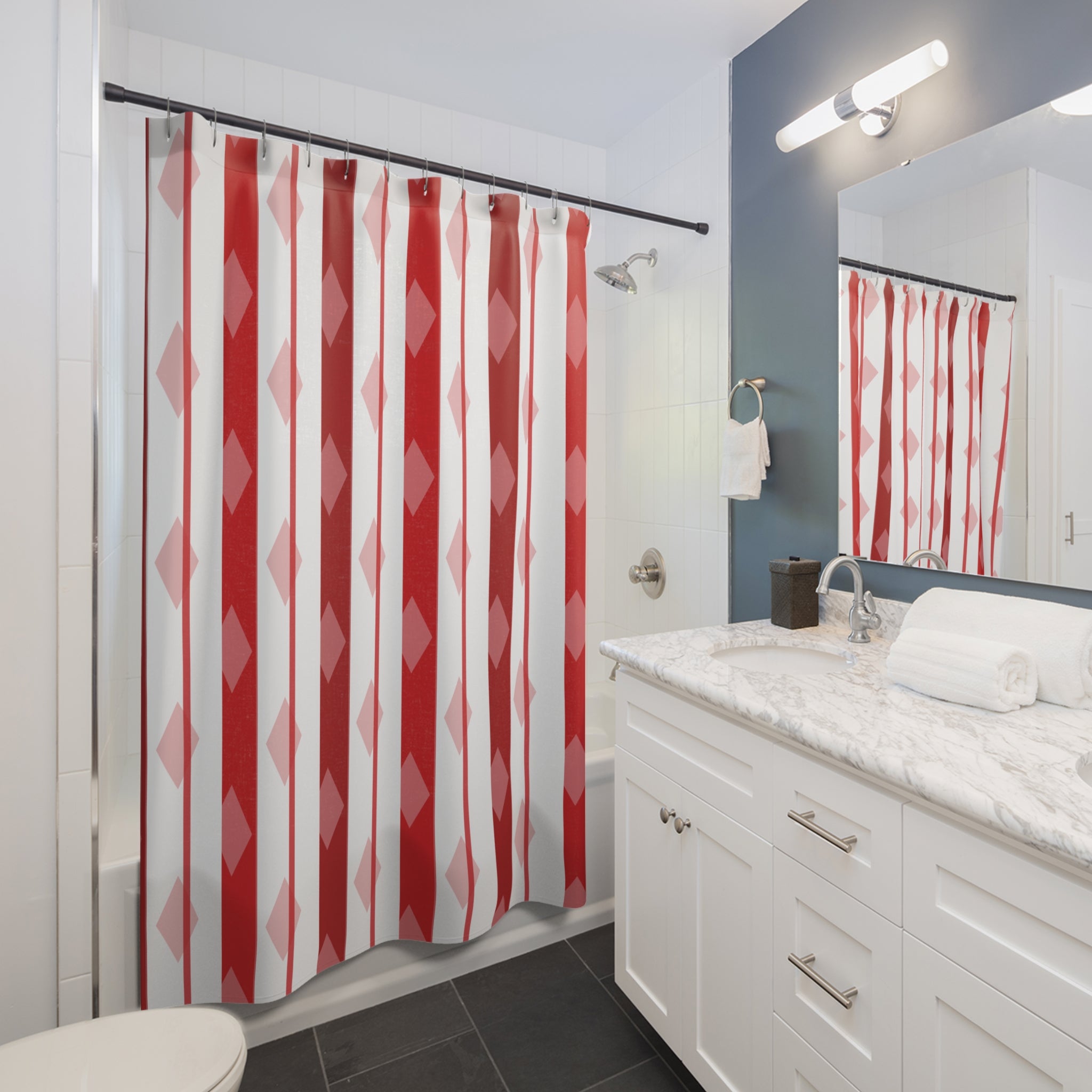 Red White Harlequin Pinstripe Shower Curtain
