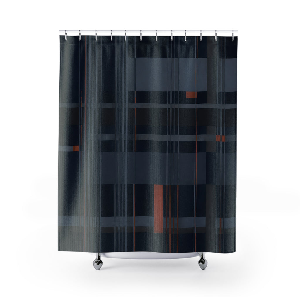 Navy pinstripes crossing slate plaid with rust accents shower curtain with full front view