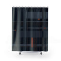 Navy pinstripes crossing slate plaid with rust accents shower curtain with full front view