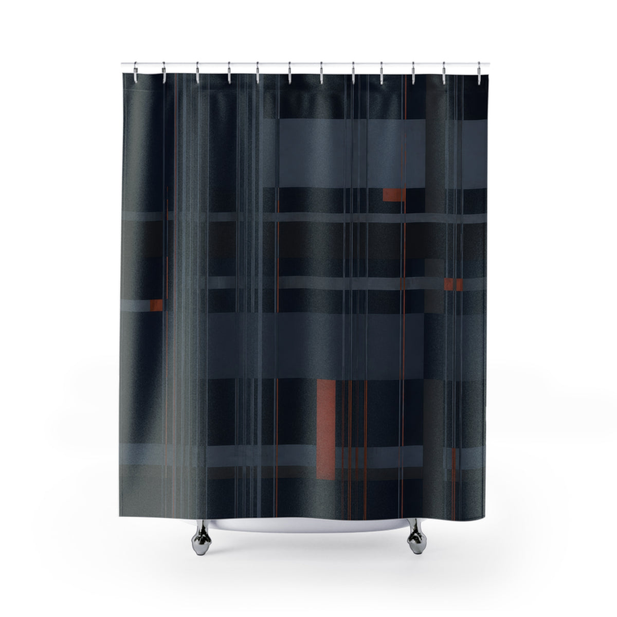 Navy pinstripes crossing slate plaid with rust accents shower curtain with full front view