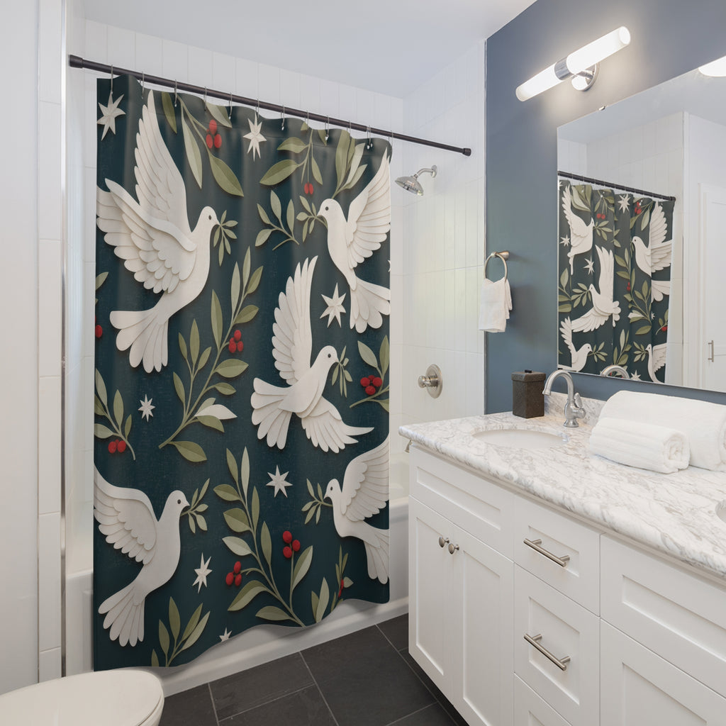 Christmas Dove Shower Curtain, Teal White Paper Cut Holiday Pattern, Olive Branch Winter Bathroom Decor, Elegant Festive Guest Bath