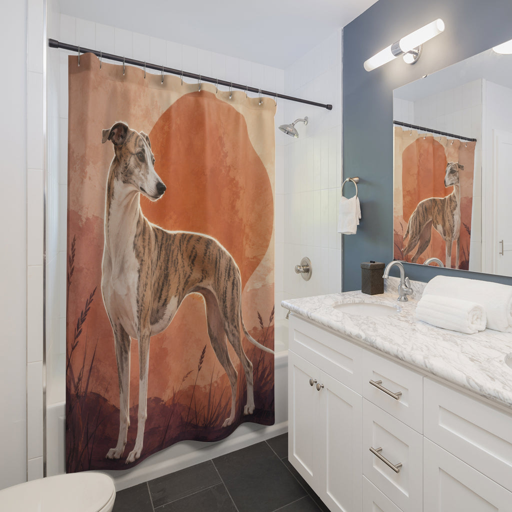 A brindle whippet before a terracotta sun shower curtain beside a white vanity