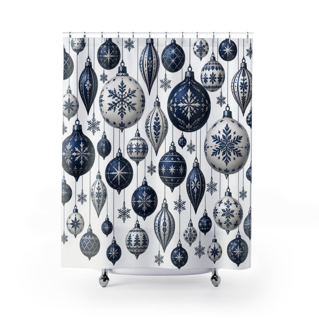 Navy and white hanging baubles with snowflakes and stars shower curtain with full front view