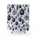 Navy and white hanging baubles with snowflakes and stars shower curtain with full front view