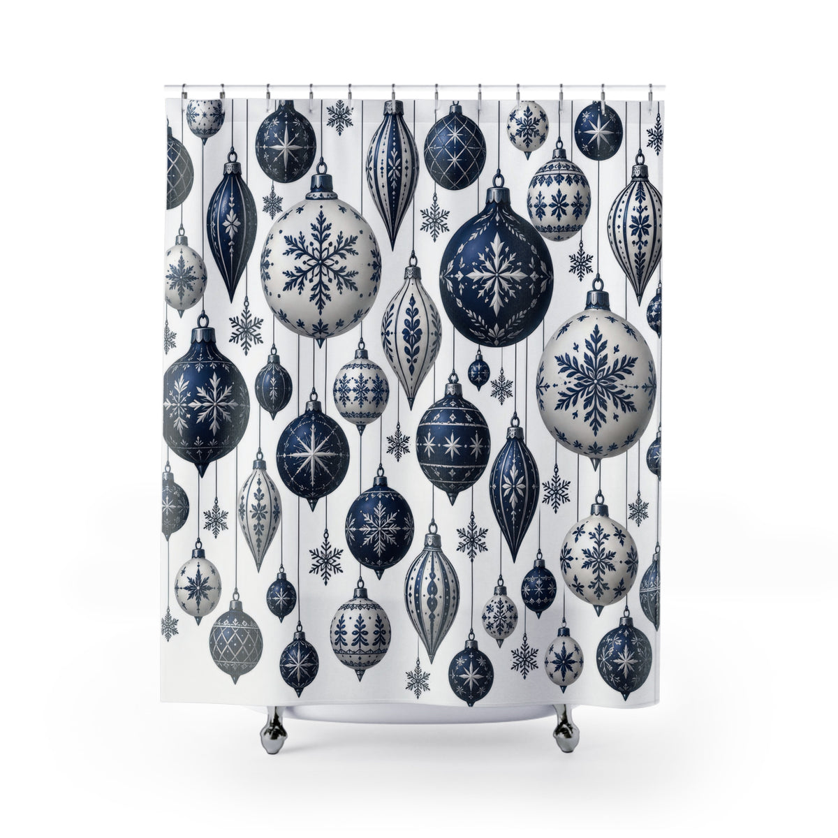 Navy and white hanging baubles with snowflakes and stars shower curtain with full front view