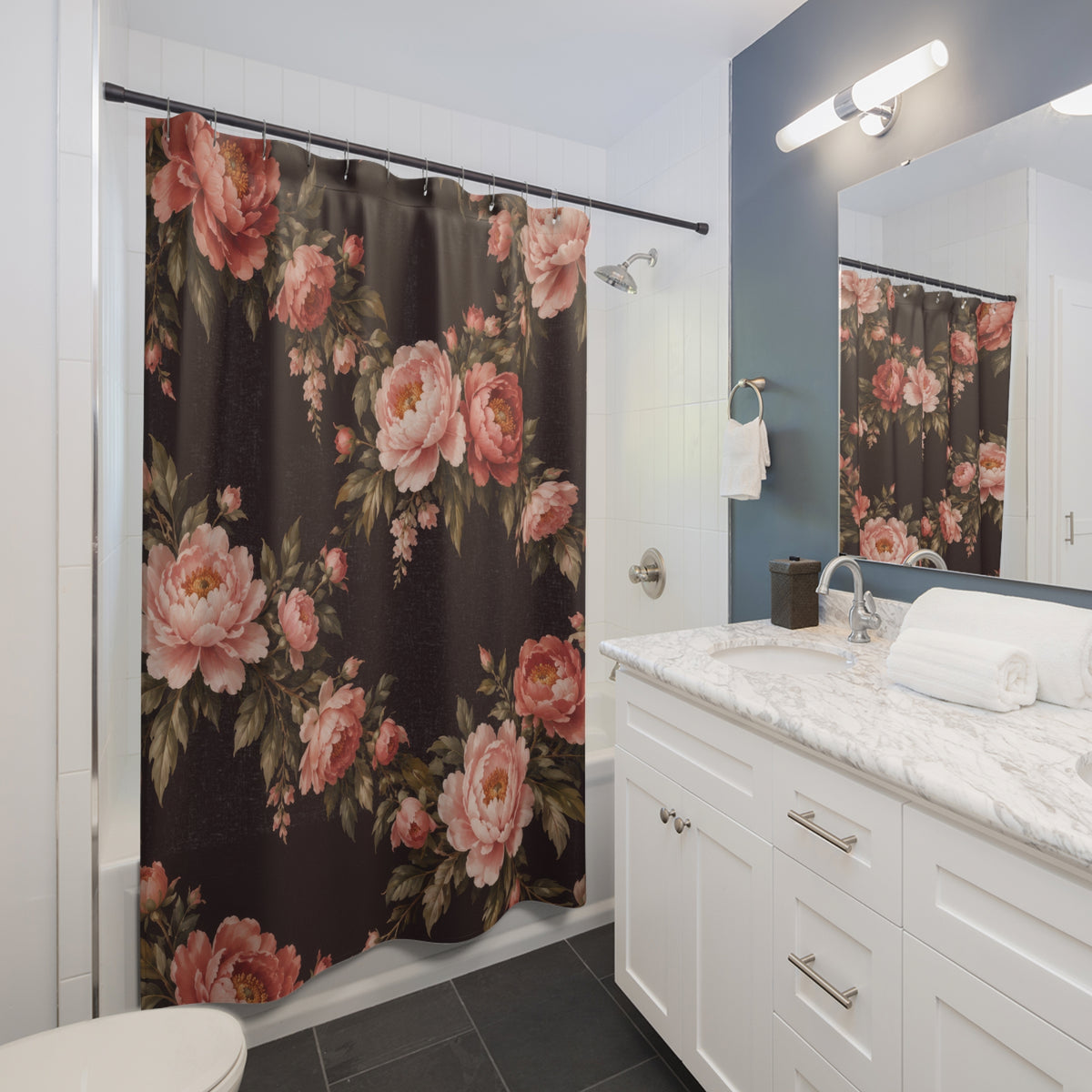 Blush and coral peony garlands on deep plum shower curtain beside a white vanity