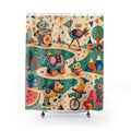 Whimsical clockwork toy parade with robot and animals shower curtain with full front view