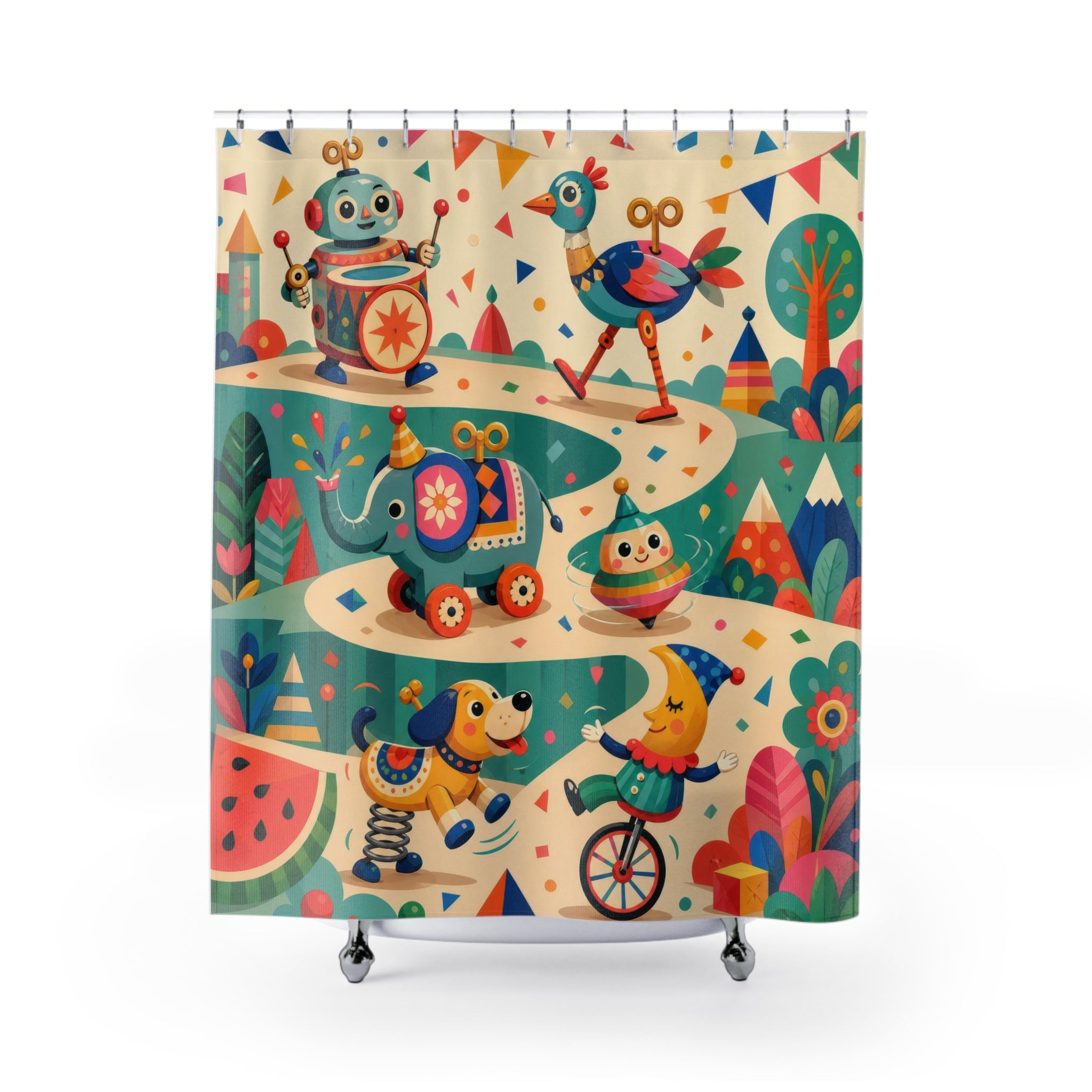 Whimsical clockwork toy parade with robot and animals shower curtain with full front view