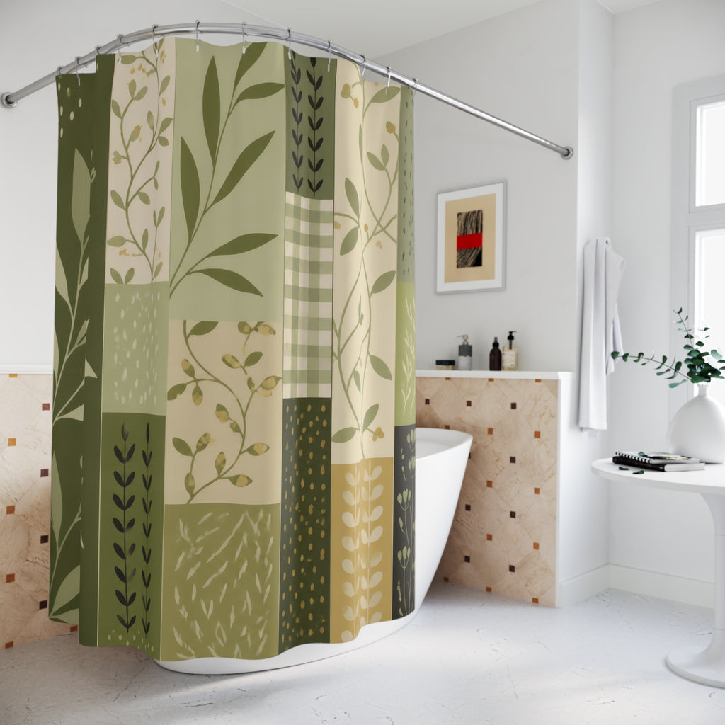 Olive botanical patchwork strips shower curtain beside a freestanding tub