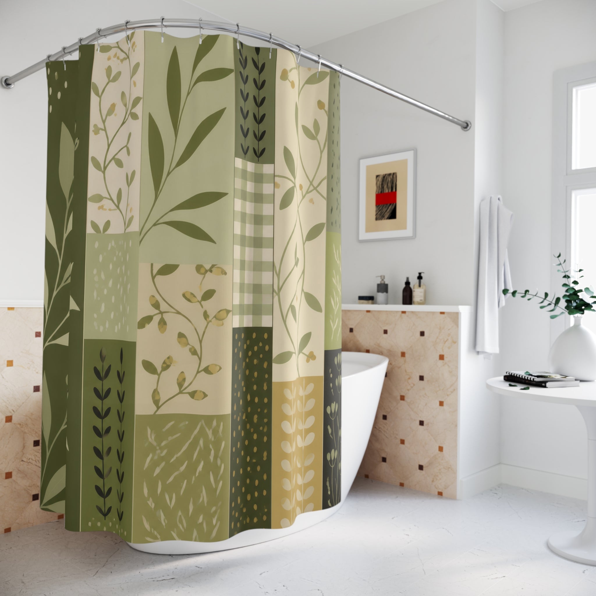 Olive botanical patchwork strips shower curtain beside a freestanding tub