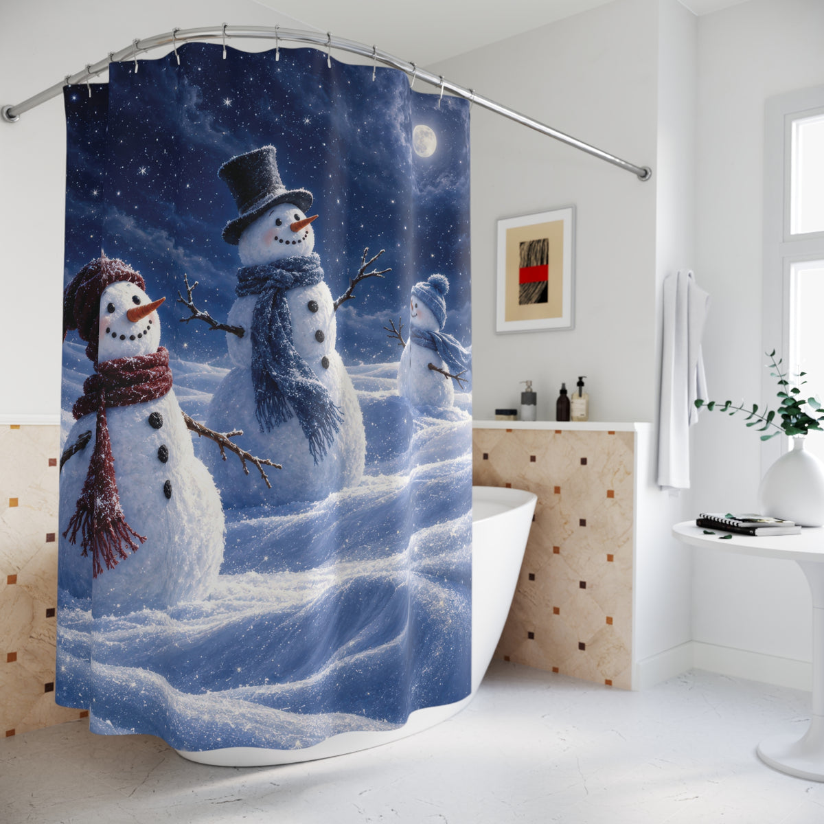 Three white snowmen in blue moonlit drifts, red and blue scarves shower curtain beside a freestanding tub