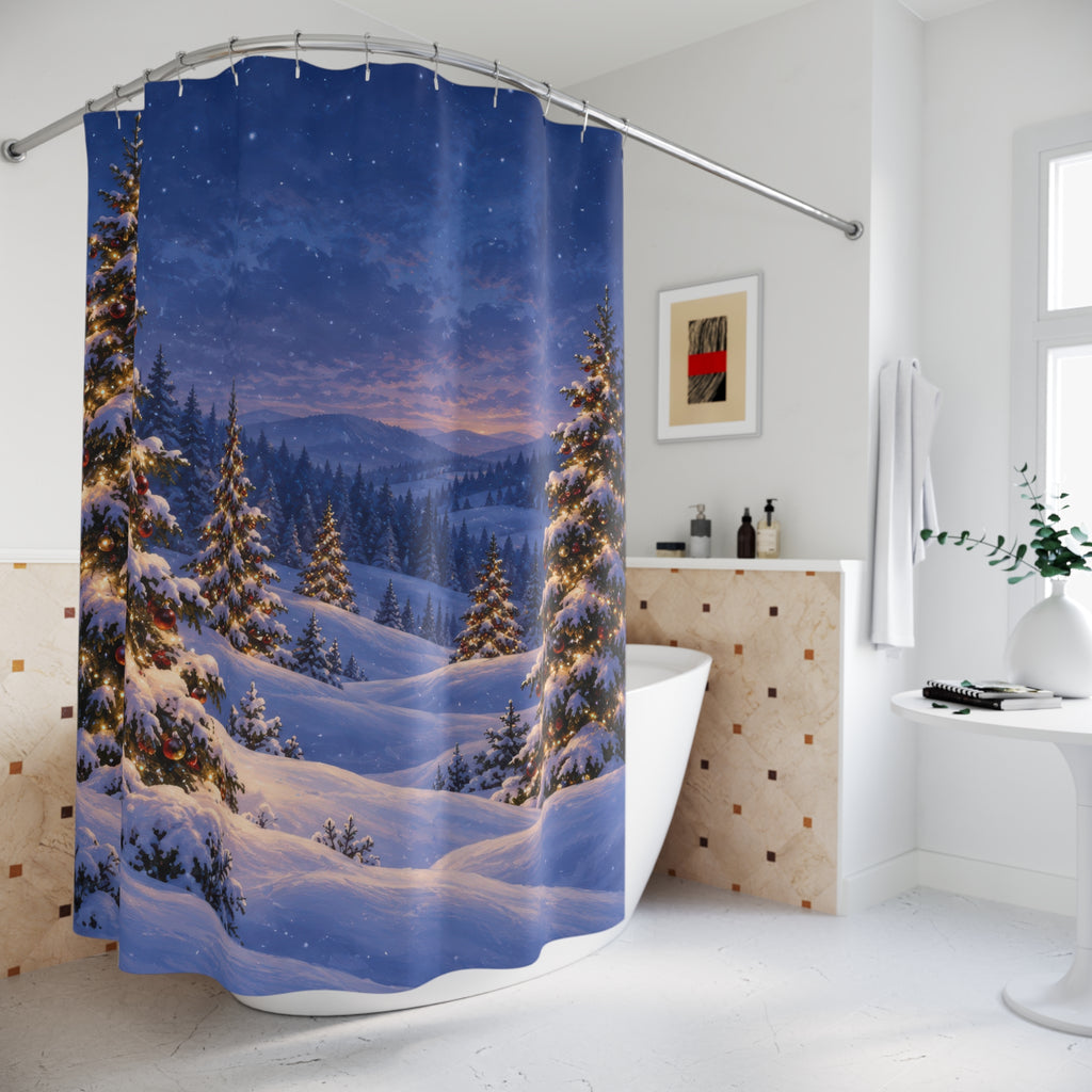 Snowy Christmas trees with warm lights in a blue winter valley shower curtain beside a freestanding tub