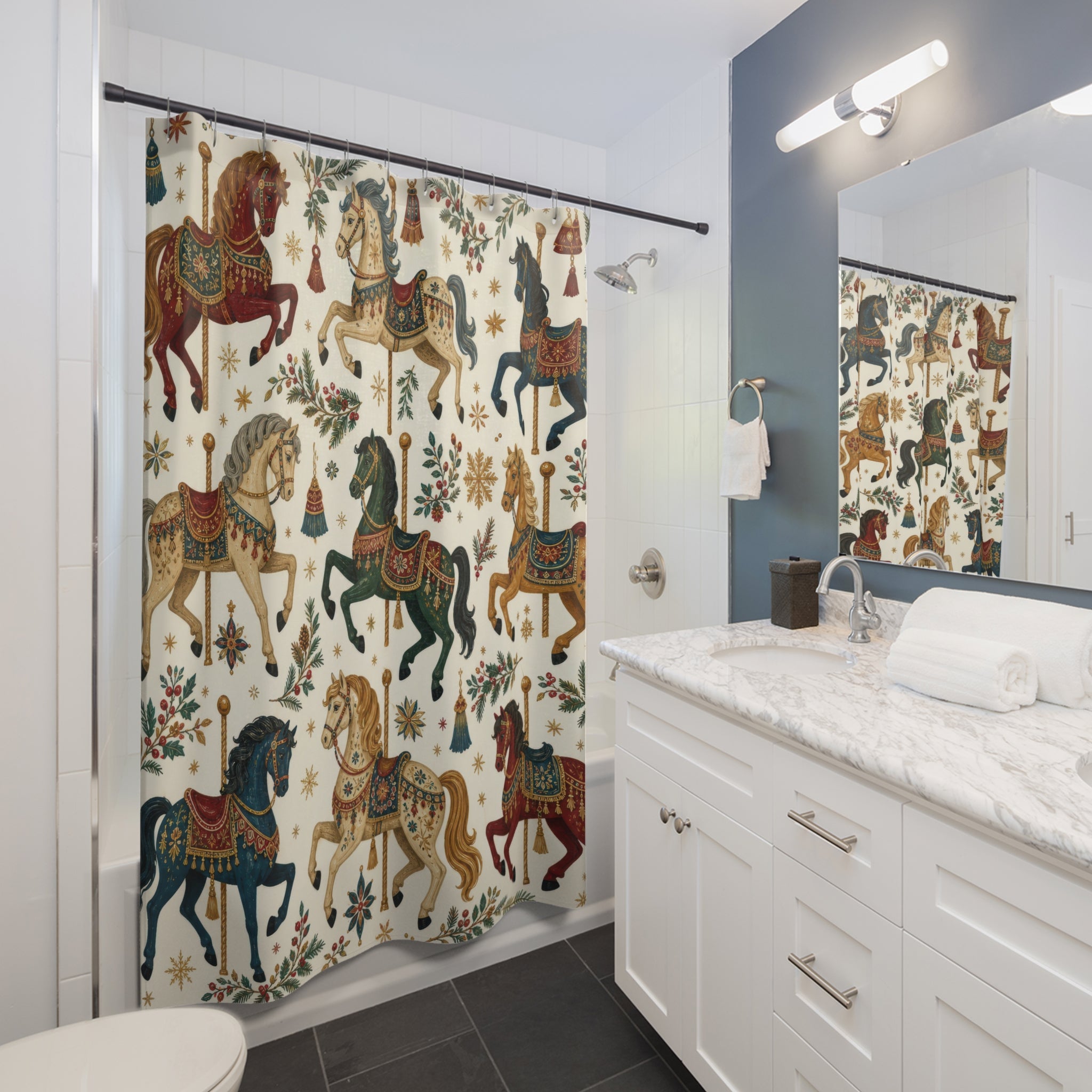 Christmas Holiday Shower Curtain, Folk Art Carousel Horse Pattern, Teal Cranberry Winter Bathroom Decor, Festive Guest Bath Gift