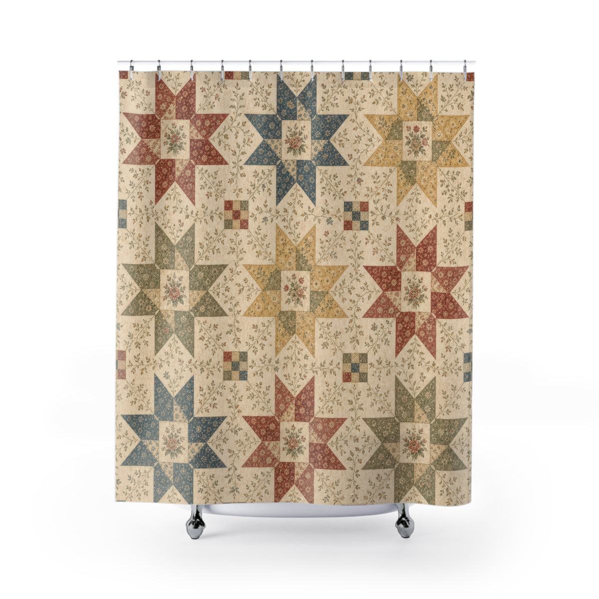 Vintage Quilt Star farmhouse calico shower curtain with full front view