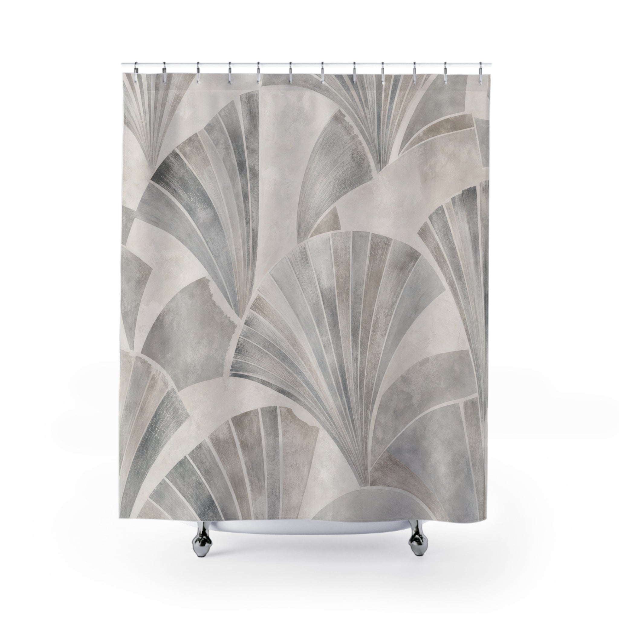 Art Deco Shower Curtain, Gray Geometric Bath Decor, Fan Arch Pattern, Modern Neutral Guest Bathroom Decor, Architectural Fan Style