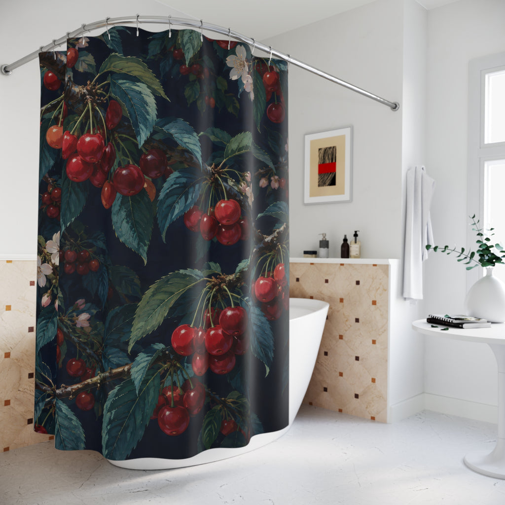 Red cherry branches with ivory blossoms on navy shower curtain beside a freestanding tub