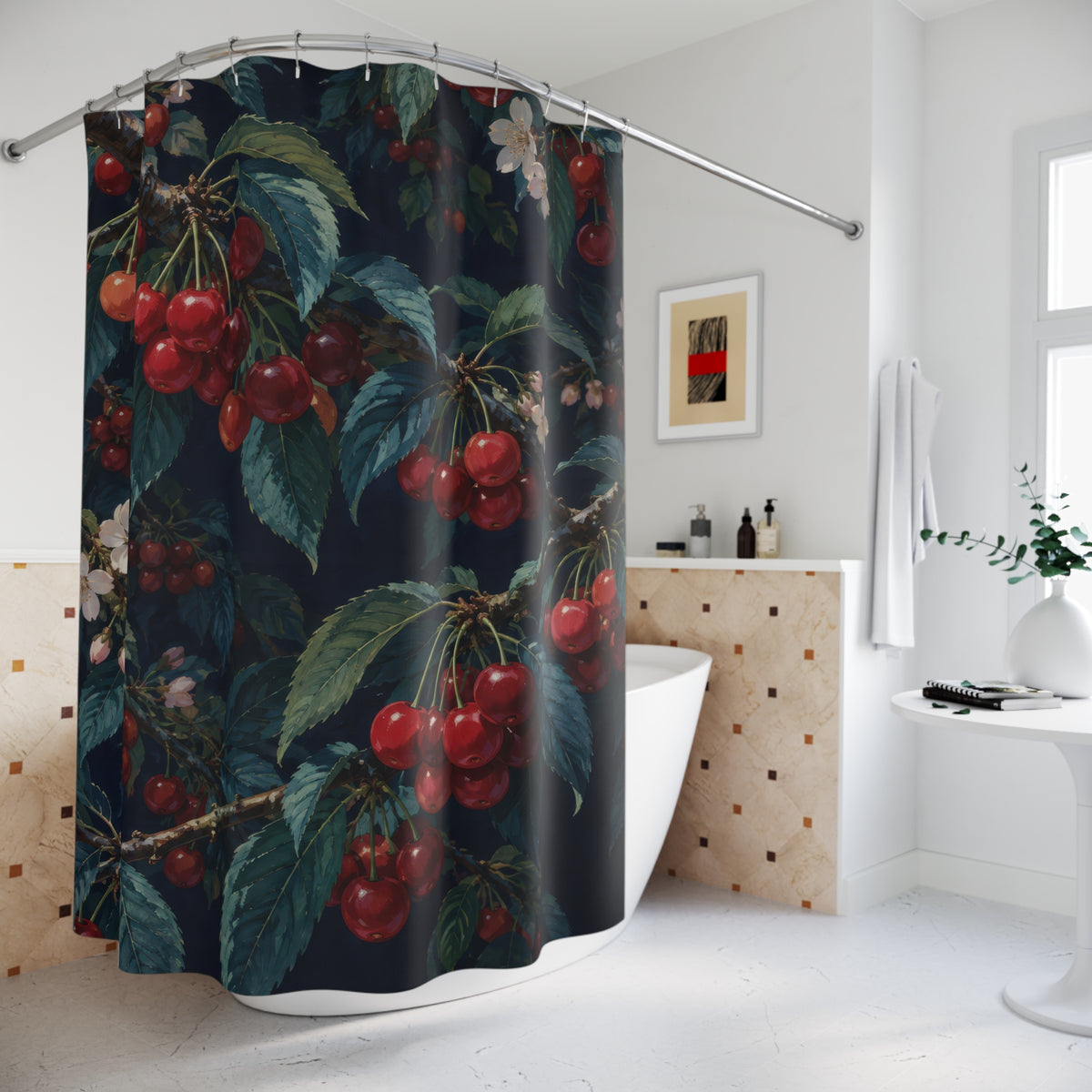 Red cherry branches with ivory blossoms on navy shower curtain beside a freestanding tub