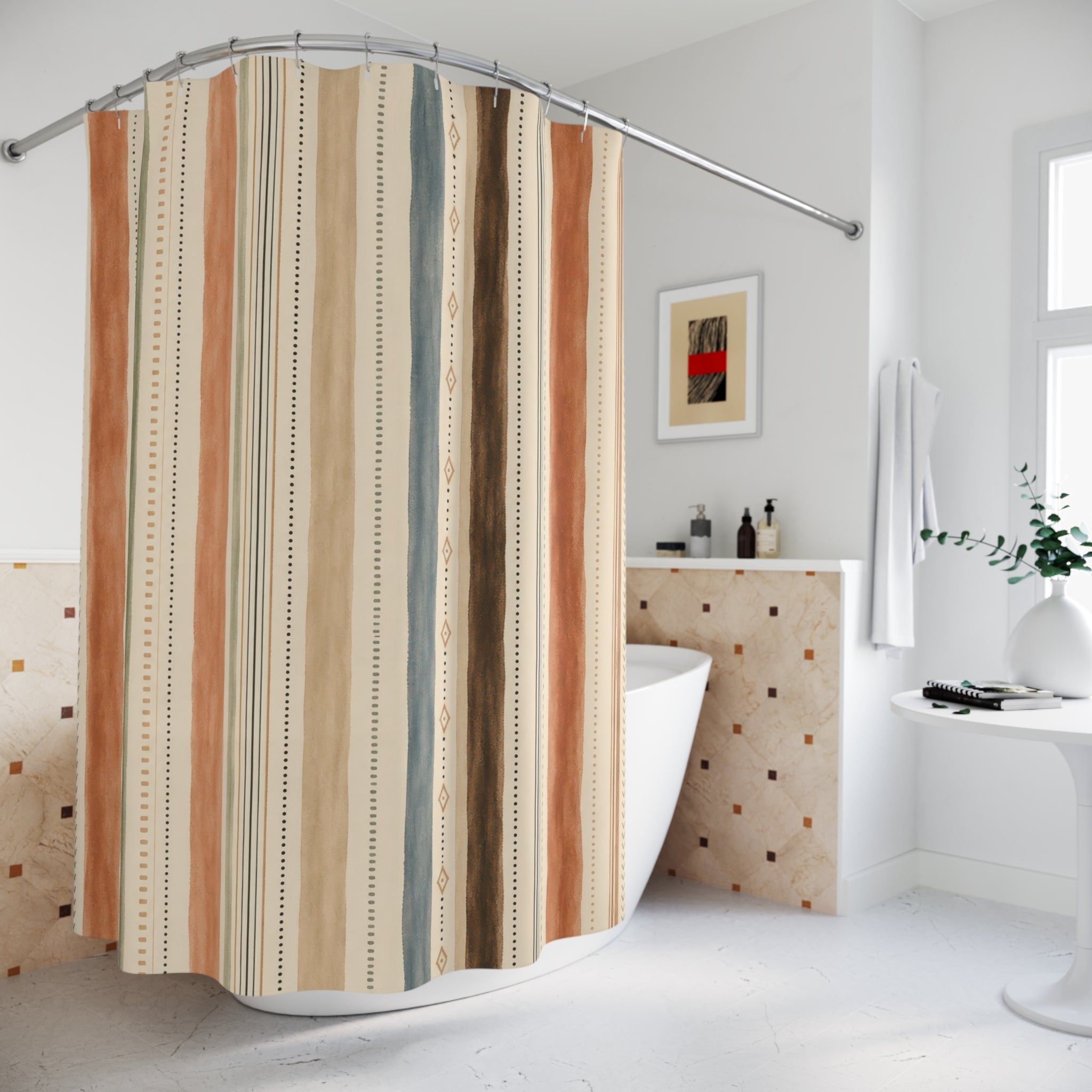 Pale Green Peach Dotted Stripe Shower Curtain