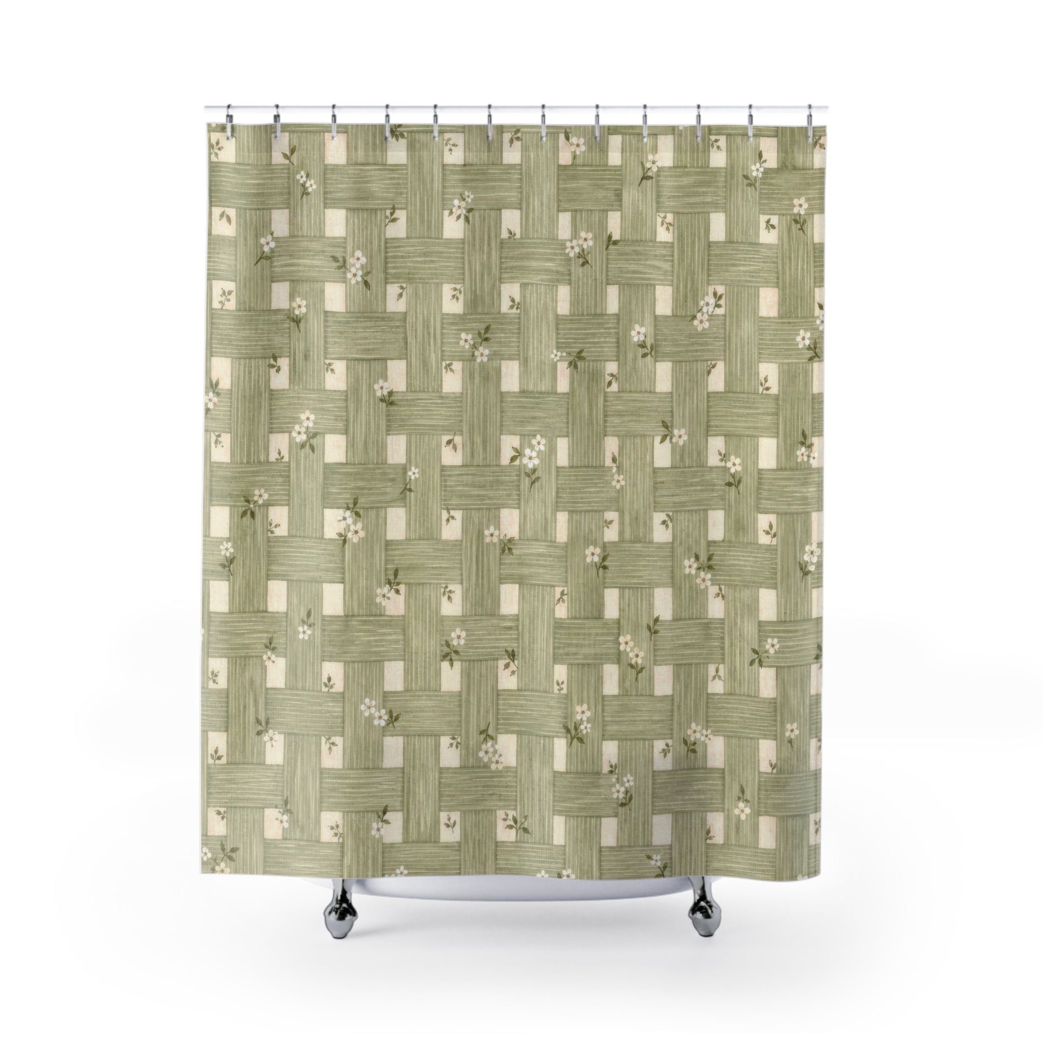 Sage Green Basketweave Look Floral Shower Curtain
