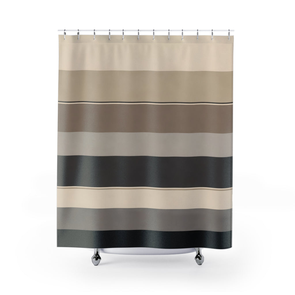 Wide horizontal stripes in cream oatmeal taupe gray and charcoal shower curtain with full front view