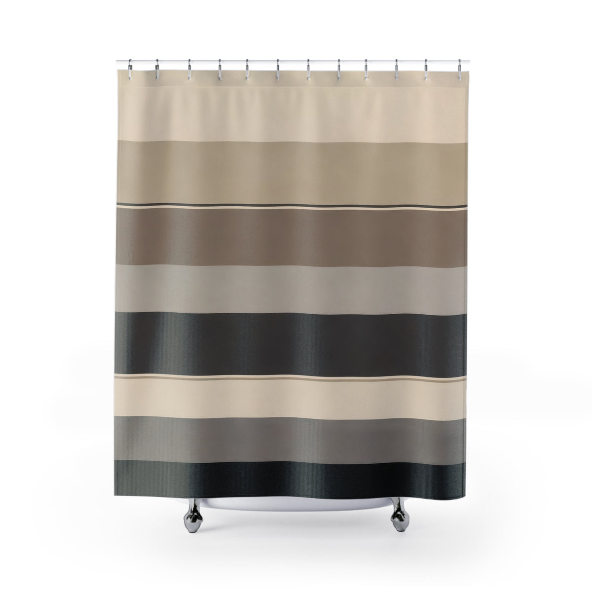 Wide horizontal stripes in cream oatmeal taupe gray and charcoal shower curtain with full front view