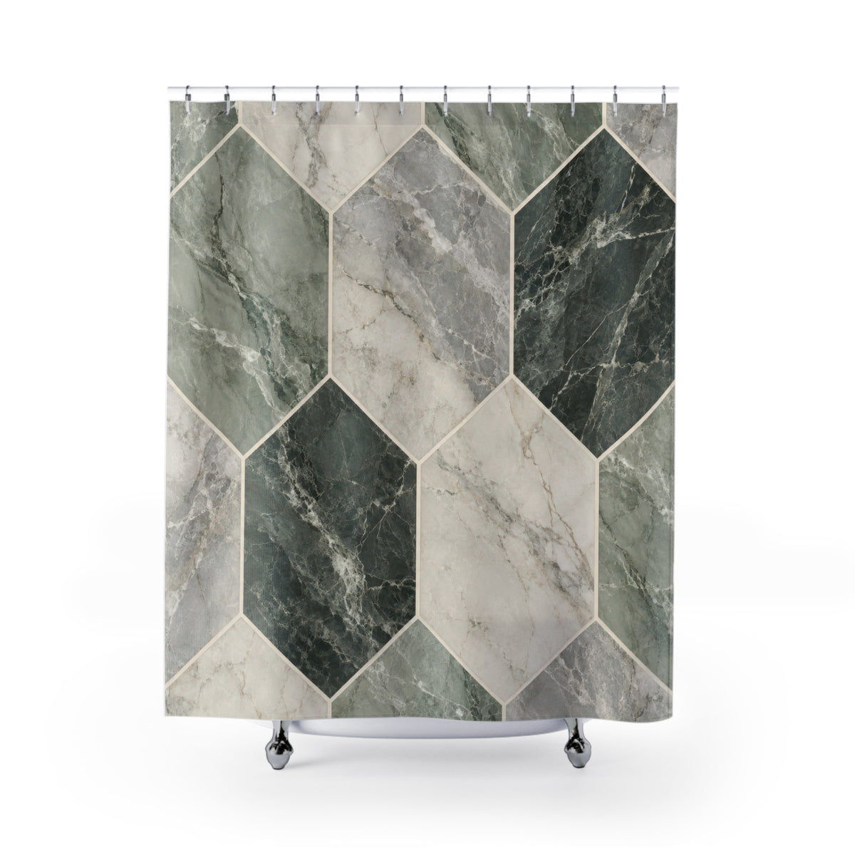 Sage, ivory and gray marble in elongated hexagons shower curtain with full front view