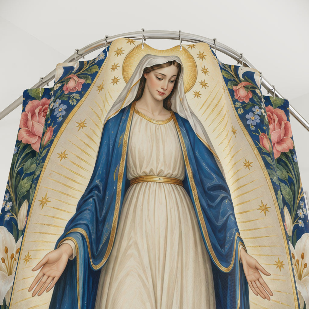 Virgin Mary with pink roses and white lilies shower curtain with close-up print, hooks, and folds