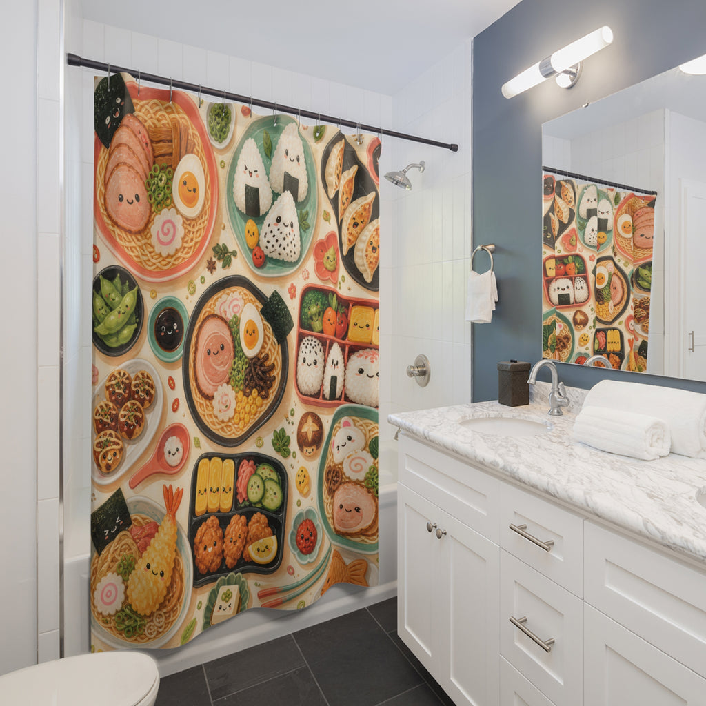 Smiling ramen bowls and tiny bento foods in a coral mint mosaic shower curtain installed beside a white vanity