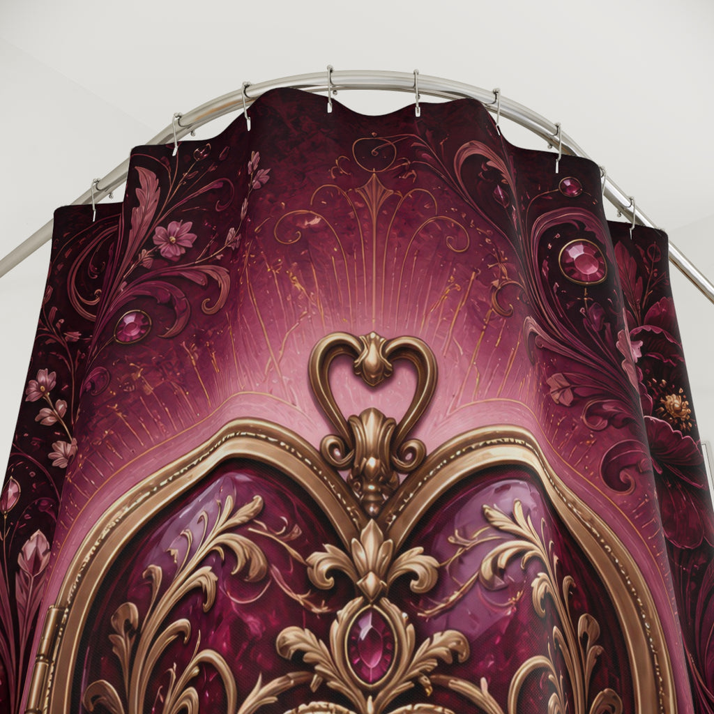 Ornate jeweled heart framed by burgundy flowers and scrollwork shower curtain with close-up print, hooks, and folds