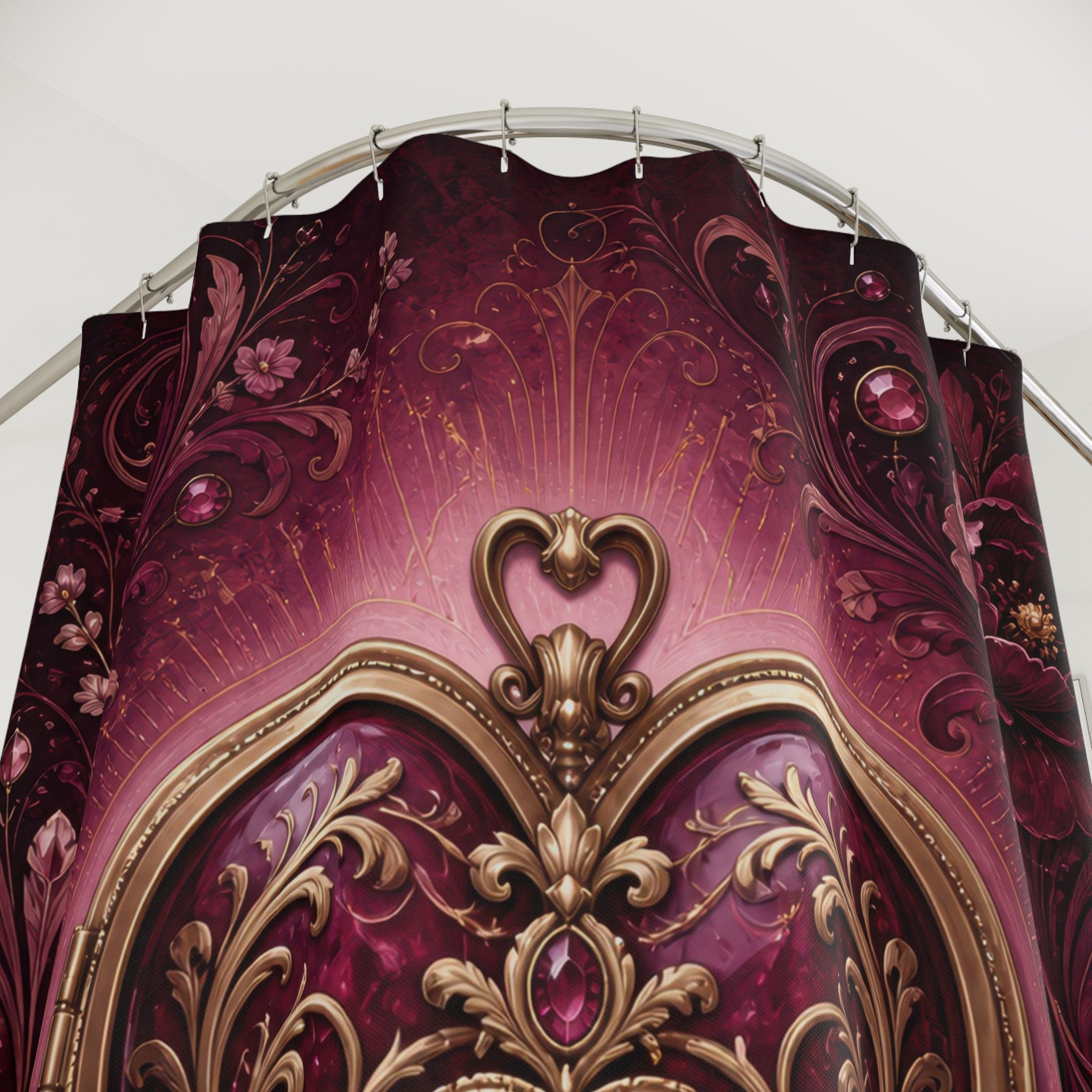 Ornate jeweled heart framed by burgundy flowers and scrollwork shower curtain with close-up print, hooks, and folds