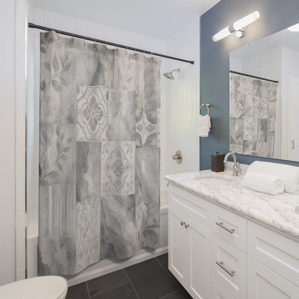 Tile Shower Curtain, Gray Geometric Bath Decor, Patchwork Marble Botanical Pattern, Neutral Guest Bathroom Decor, Classic Tile Style