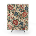 Red and blue chintz flowers with curling green leaves shower curtain with full front view