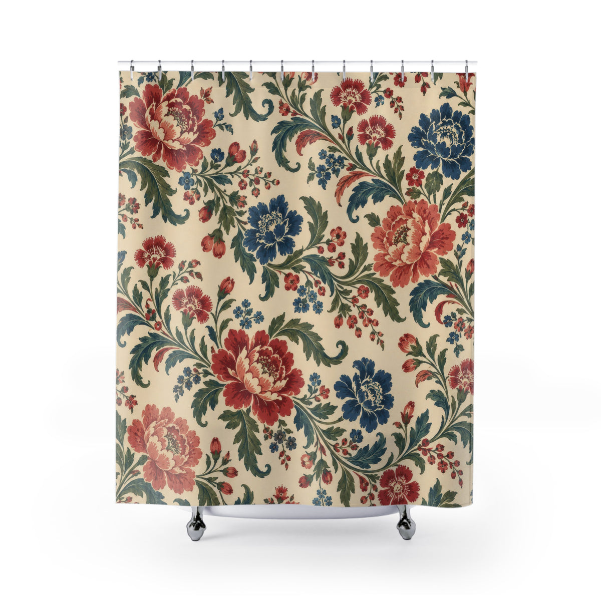 Red and blue chintz flowers with curling green leaves shower curtain with full front view