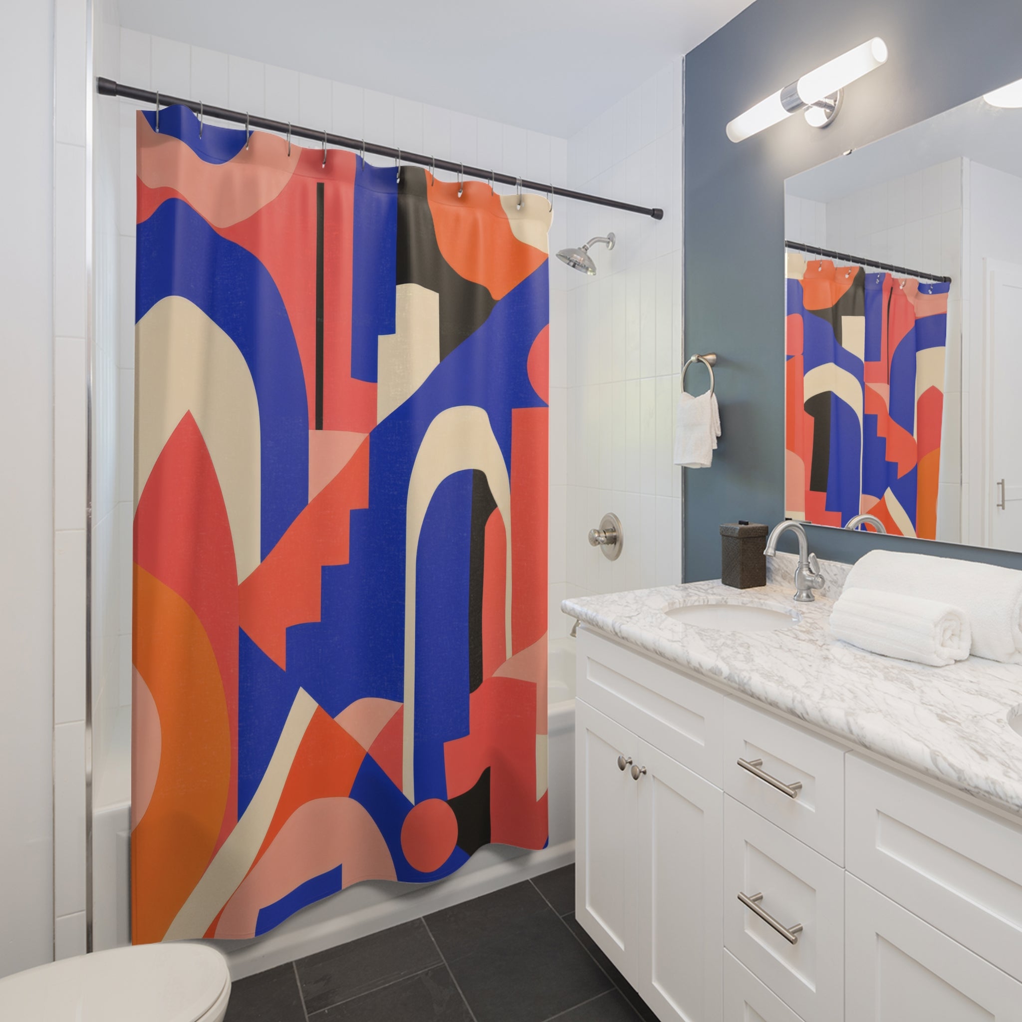 Cobalt Coral Geometric Shower Curtain