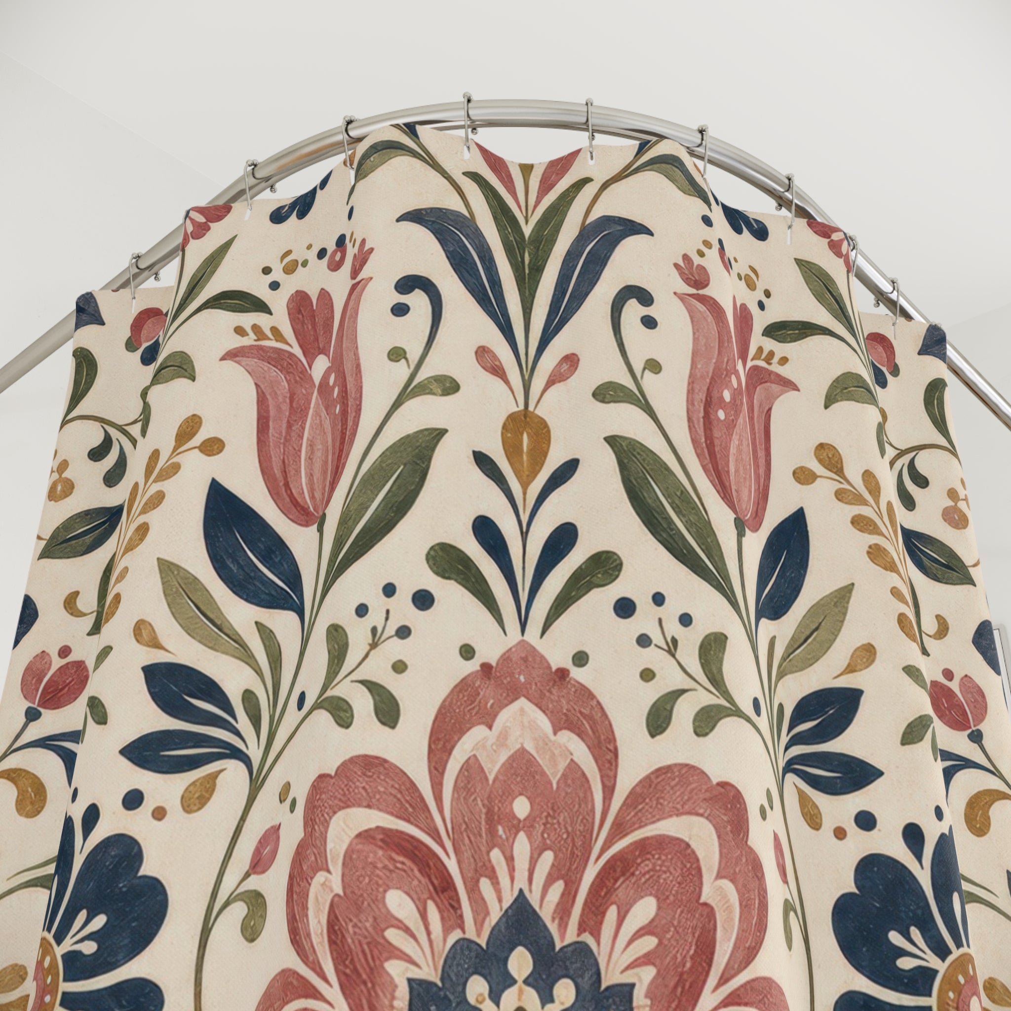 Floral Motif Shower Curtain: Folk Botanical Pattern