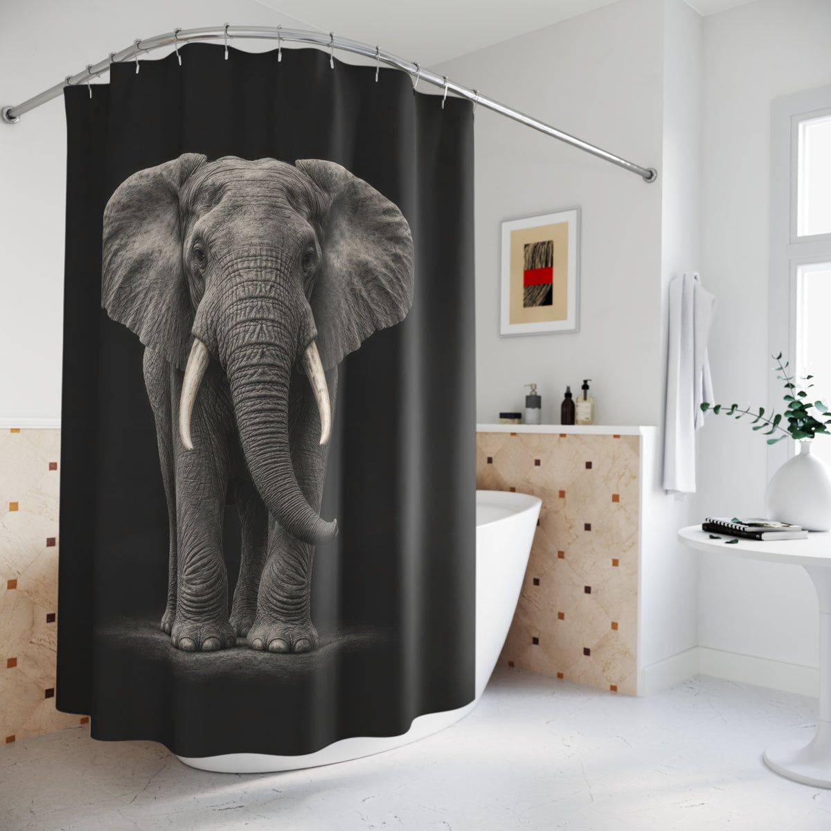 Gray elephant on charcoal shower curtain beside a freestanding tub