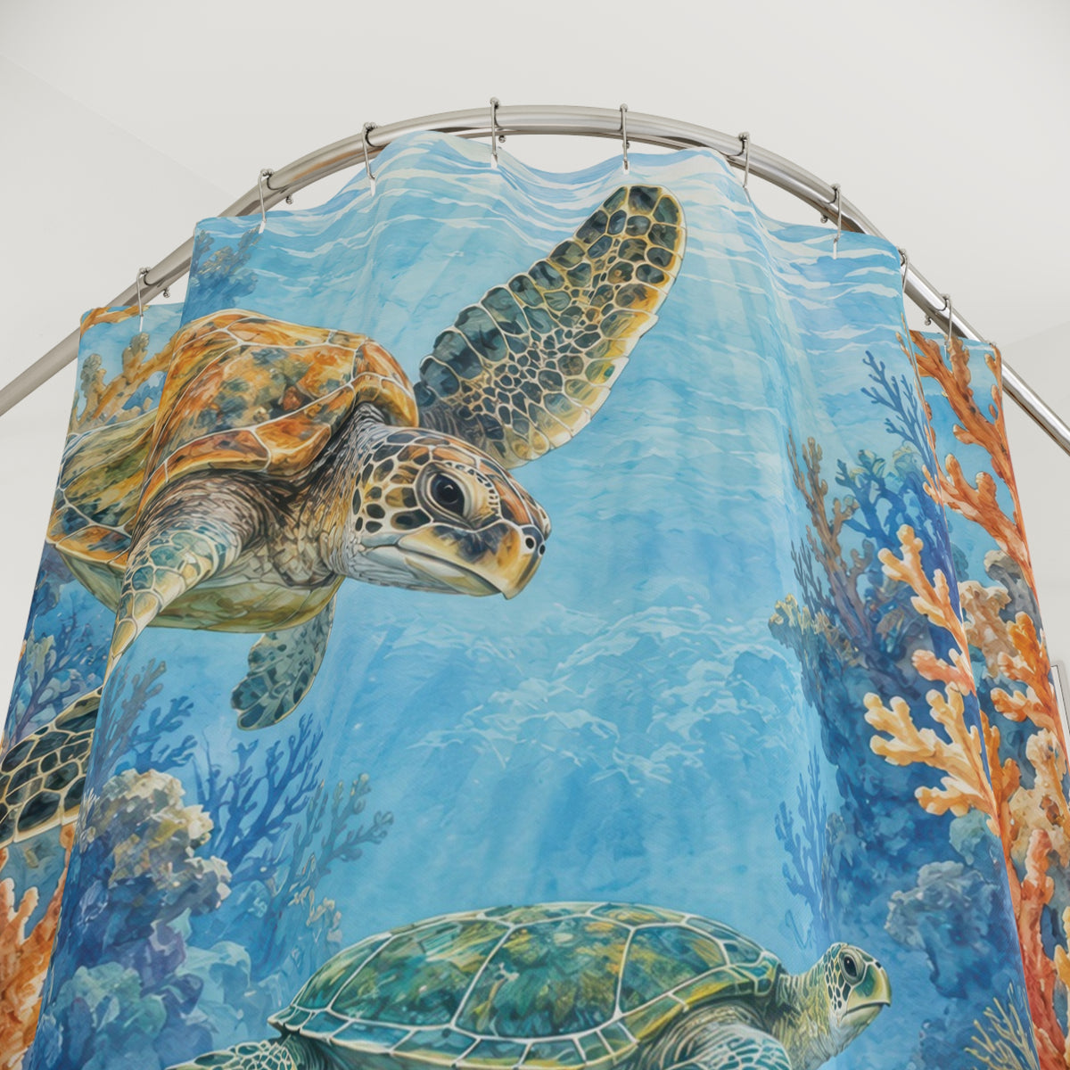 Sea turtles with orange coral and blue water shower curtain with close-up print, hooks, and folds