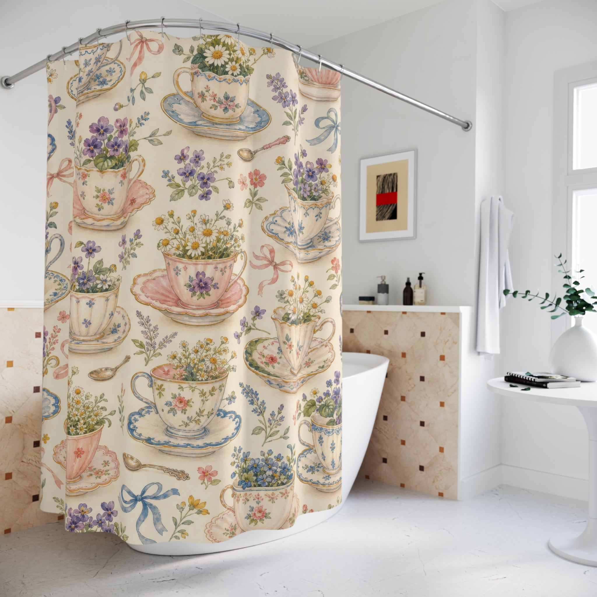 Floral Tea Cup Cottagecore Shower Curtain