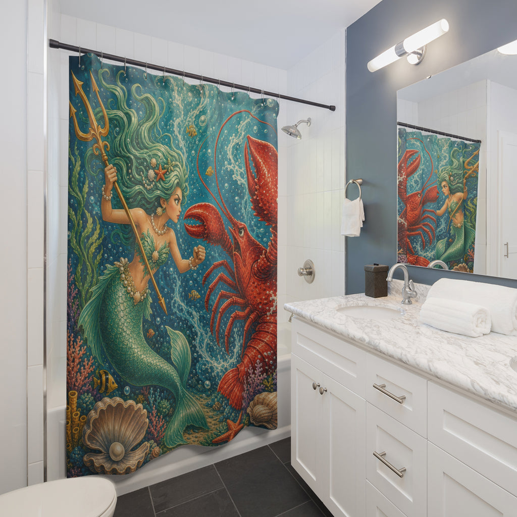 Unique Funny Mermaid Shower Curtain, Lobster Battle Underwater Fantasy Art, Teal Ocean Nautical Bathroom Decor, Coastal Guest Bath Gift