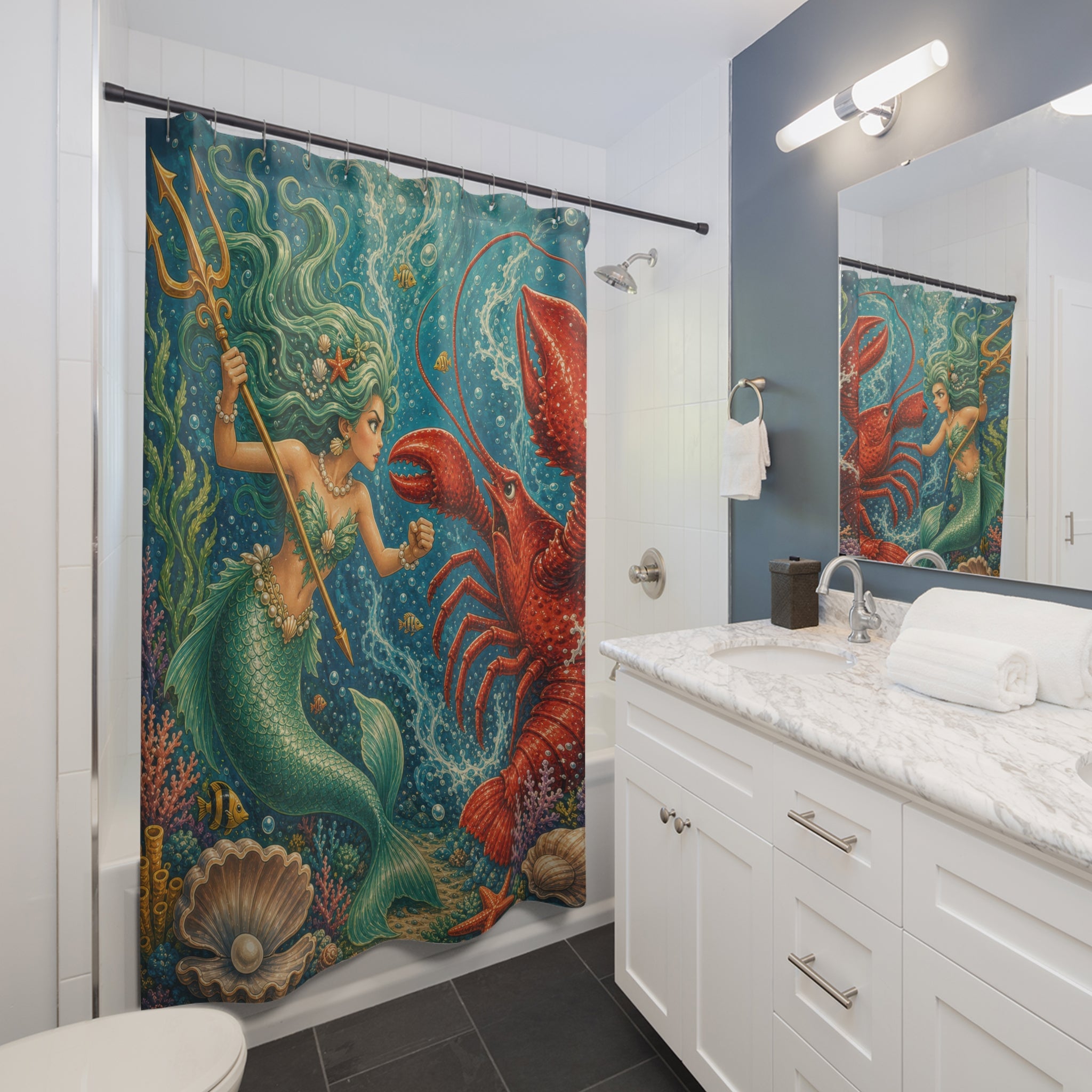 Unique Funny Mermaid Shower Curtain, Lobster Battle Underwater Fantasy Art, Teal Ocean Nautical Bathroom Decor, Coastal Guest Bath Gift