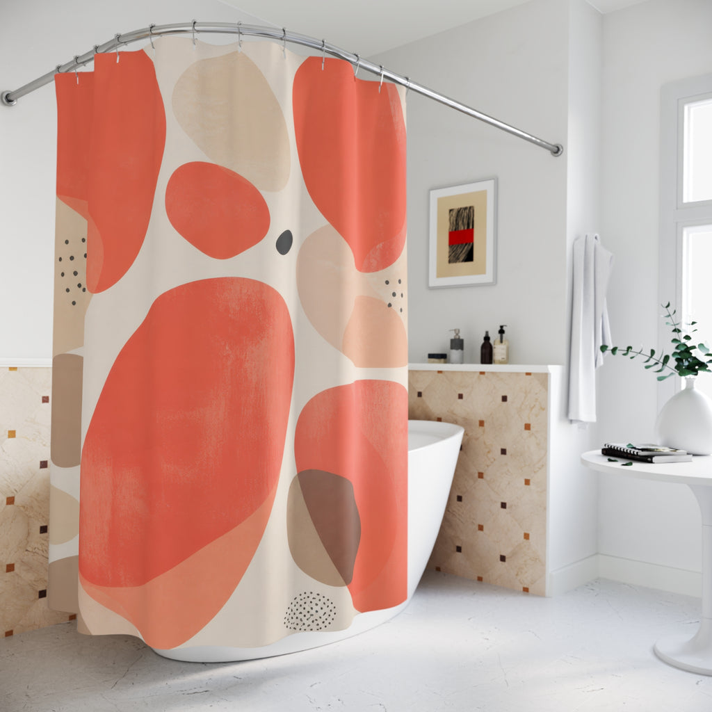 Coral organic pebbles with beige and charcoal accents shower curtain beside a freestanding tub