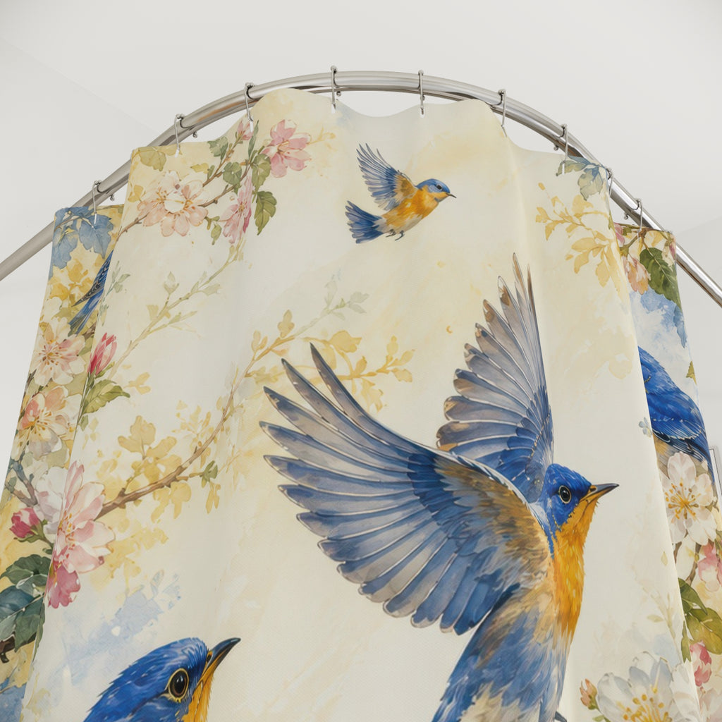 Close-up of Blue and gold songbirds among blush blossoms on ivory shower curtain with hooks and folds