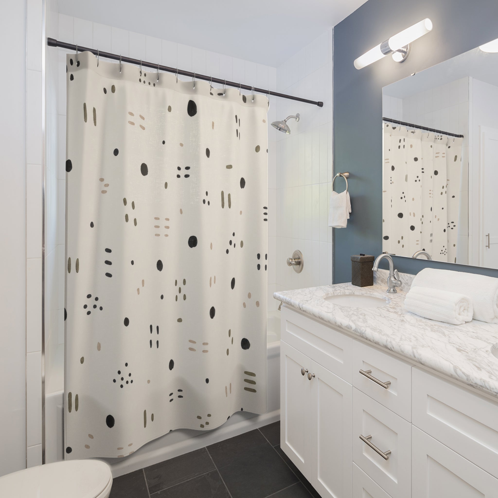 Black Beige Dot Dash Shower Curtain