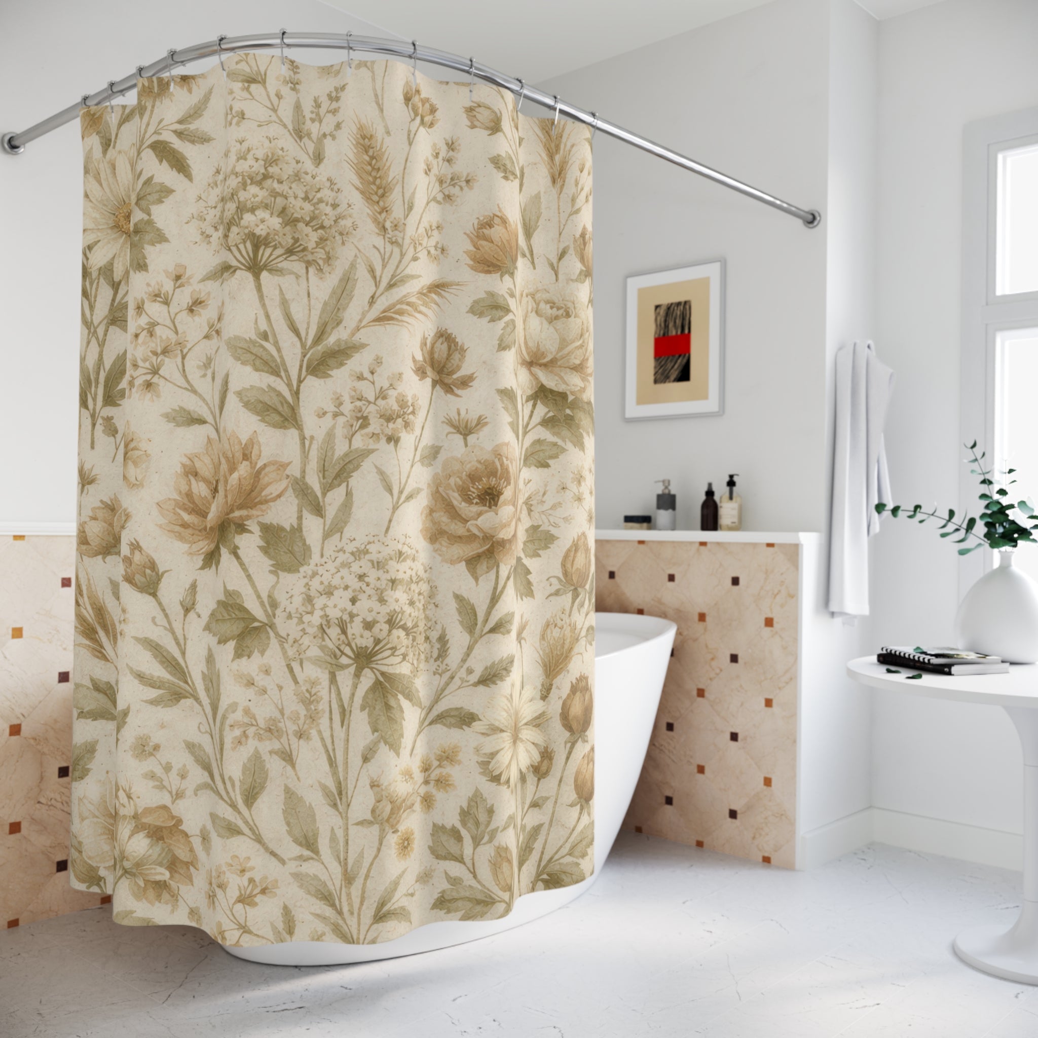 Farmhouse Wildflower Shower Curtain — Beige