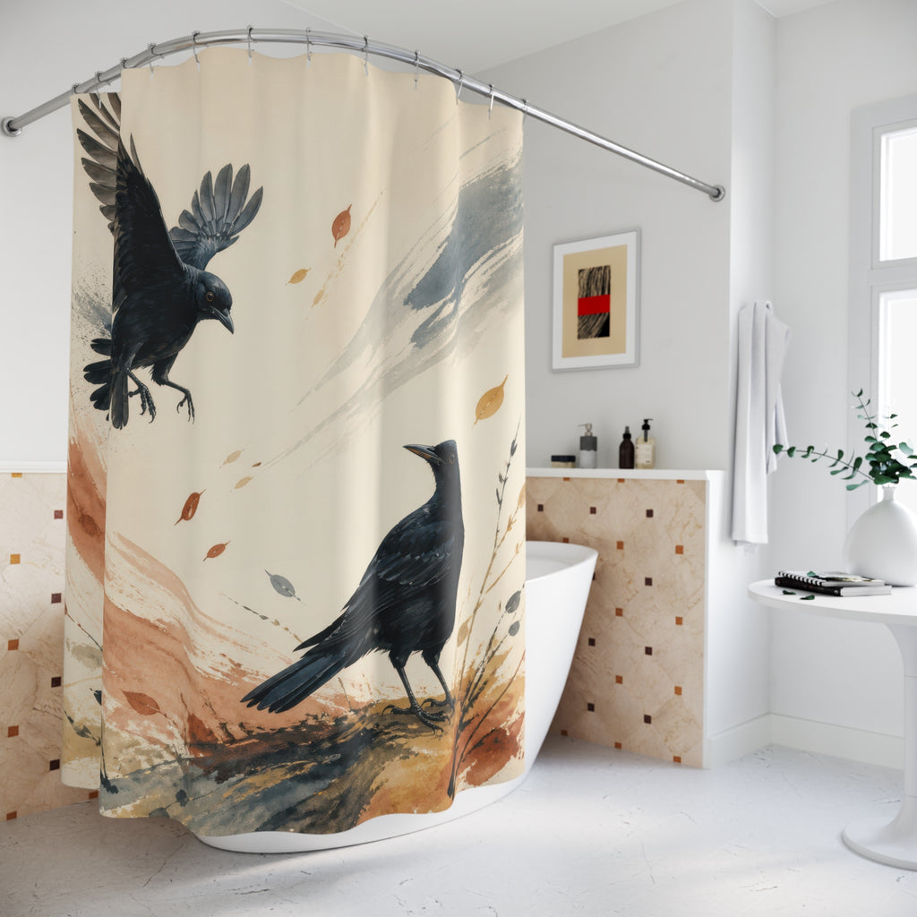 Two blackbirds in an airy peach and blue ink wash meadow shower curtain beside a freestanding tub