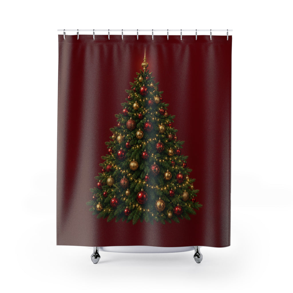 Green Christmas tree with gold baubles on garnet red shower curtain with full front view