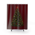 Green Christmas tree with gold baubles on garnet red shower curtain with full front view