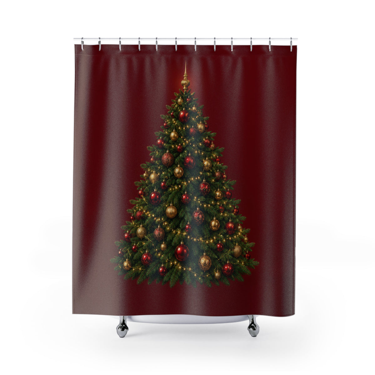 Green Christmas tree with gold baubles on garnet red shower curtain with full front view